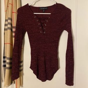 Fitted Ribbed Lace Up Long-sleeve